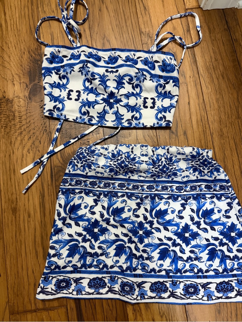 SHEIN Blue and White Floral Mini Skirt and Top